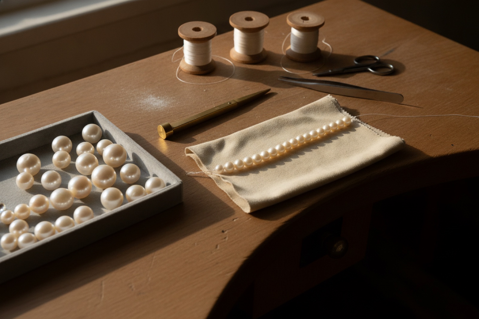 The stringing bench: a velvet sorting tray of loose South Sea pearls, a brass gauge, silk spools and a half-strung strand