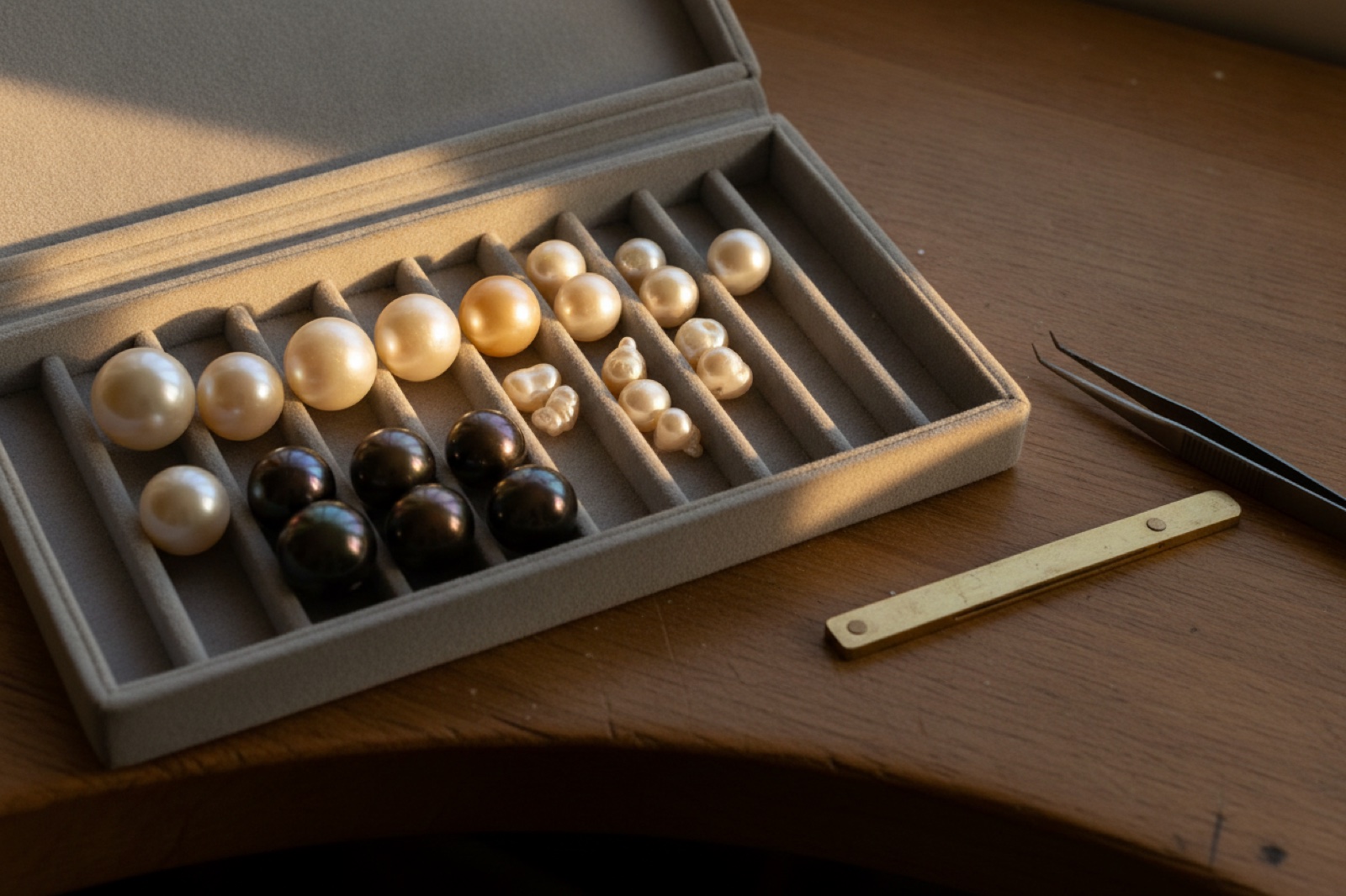 A grey velvet sorting tray of loose pearls held back from the harvests — white and golden South Sea, Tahitian, and irregular keshi