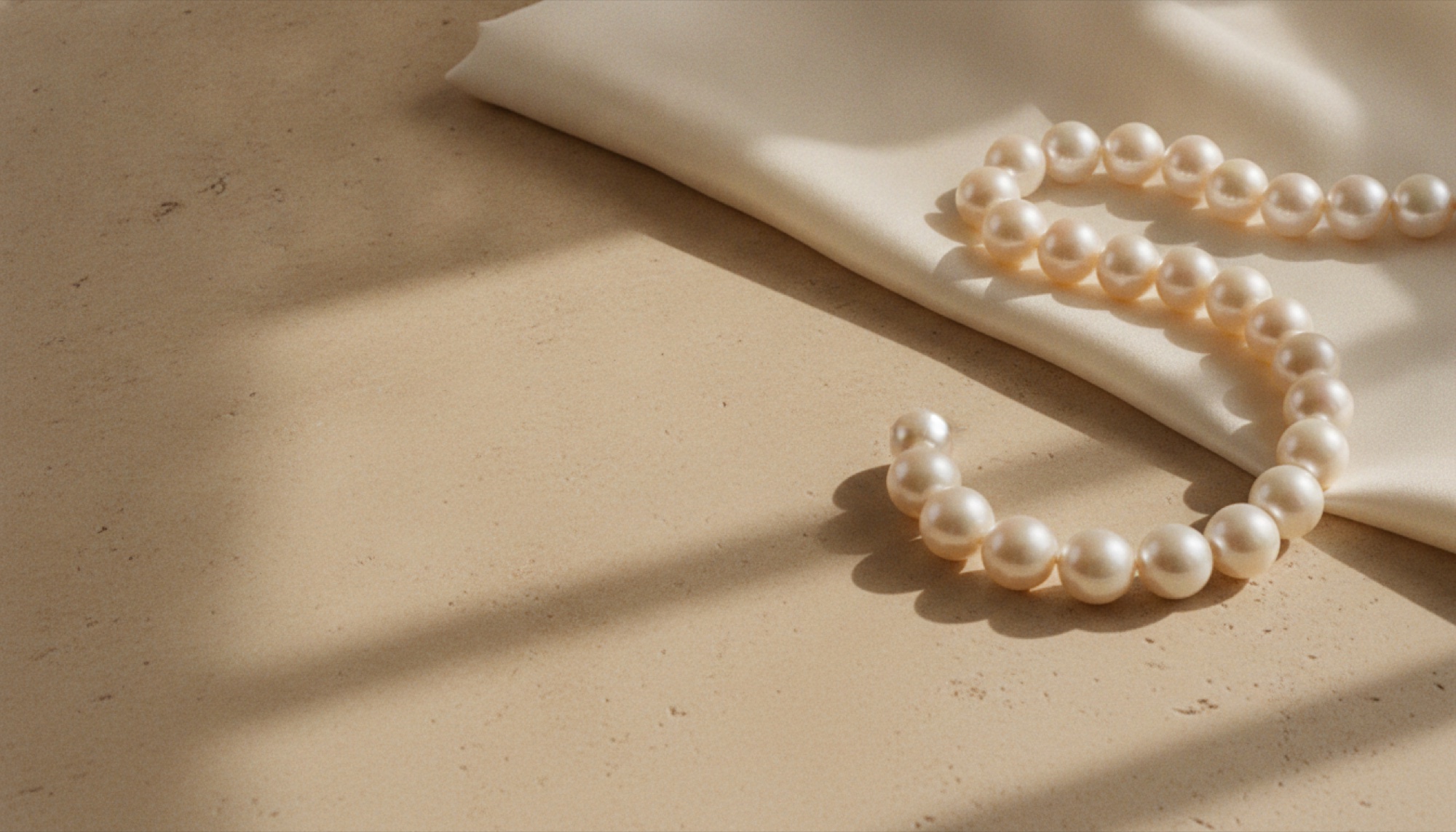 A strand of large white South Sea pearls resting on ivory silk in raking morning light