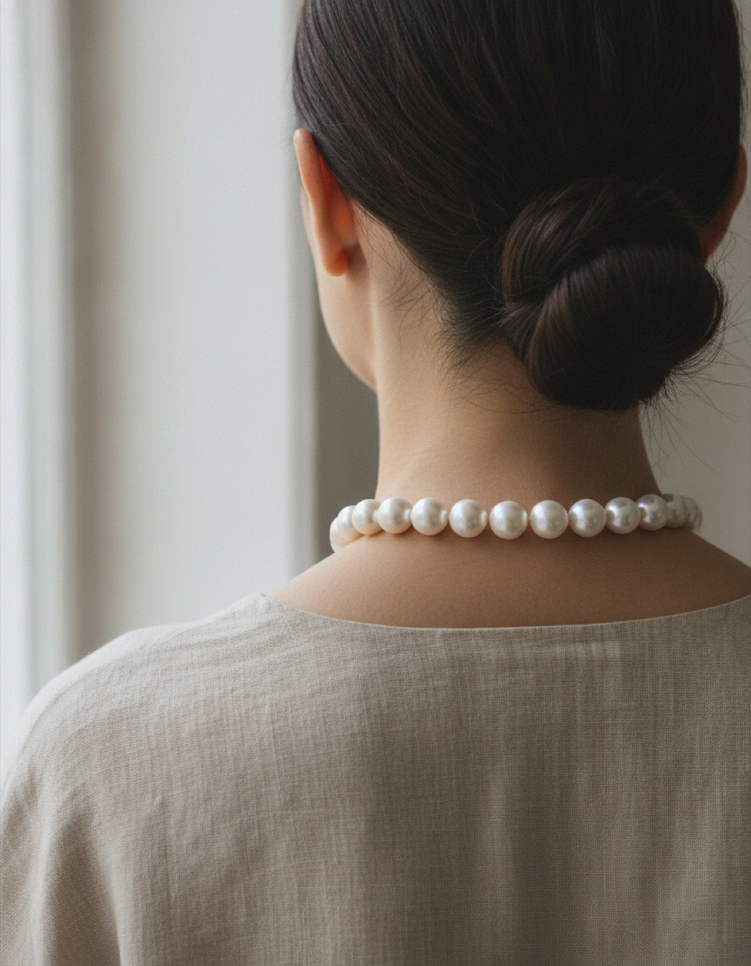 A strand of large white South Sea pearls worn at the nape, showing how a princess length sits