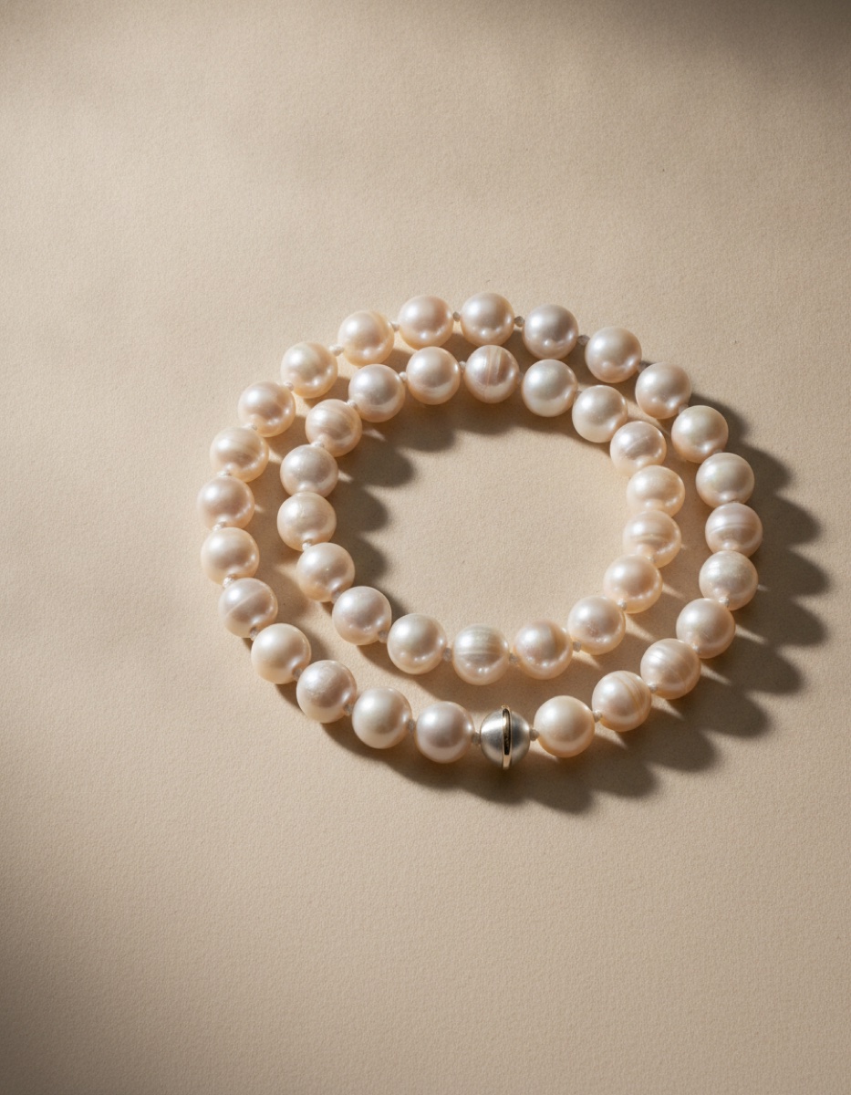 The Kimberley Strand — A graduated eighteen-inch strand of large white South Sea pearls, knotted on ivory silk.