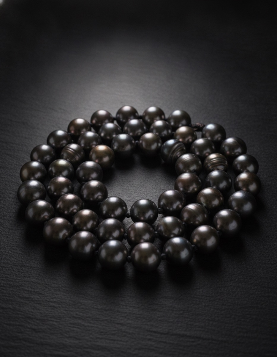 The Rangiroa Rope — A thirty-six inch rope of dark Tahitian pearls — peacock, aubergine and steel.